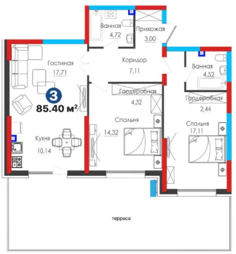 3-xonali 85.4 m²