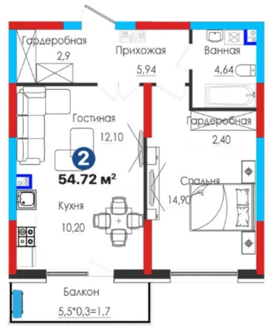2-xonali 54.72 m²