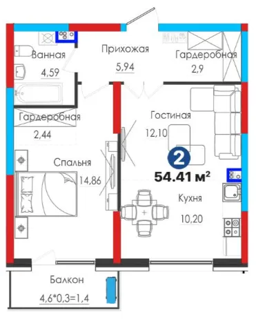 2-xonali 54.41 m²