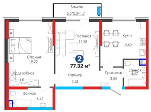 2-xonali 77.32 m²