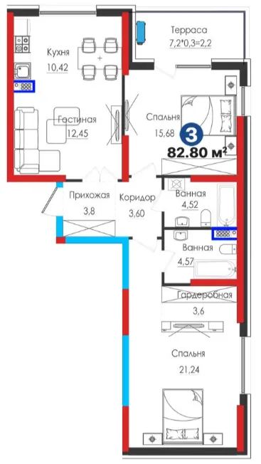 3-xonali 82.8 m²