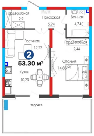 2-xonali 53.3 m²
