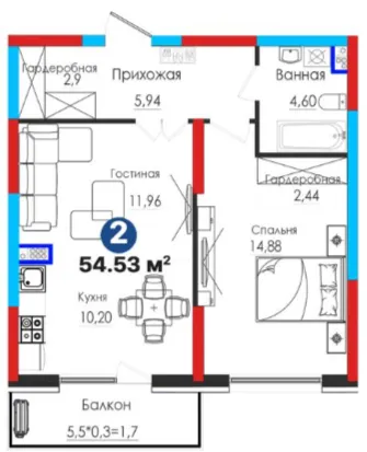 2-xonali 54.53 m²