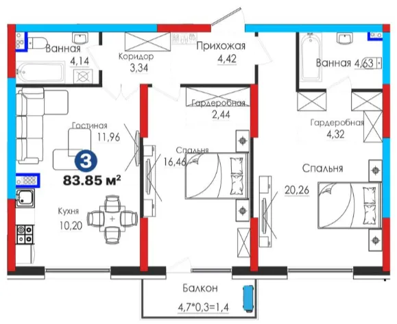 3-xonali 83.85 m²