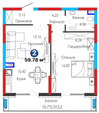 2-xonali 59.78 m²
