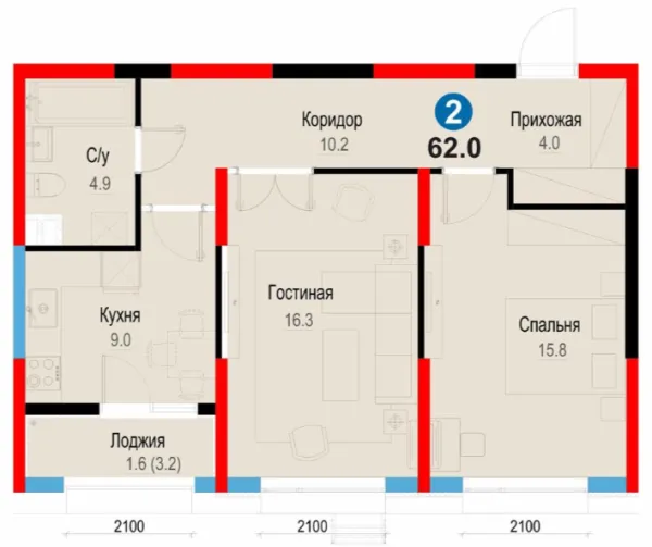 2-xonali 62 m²