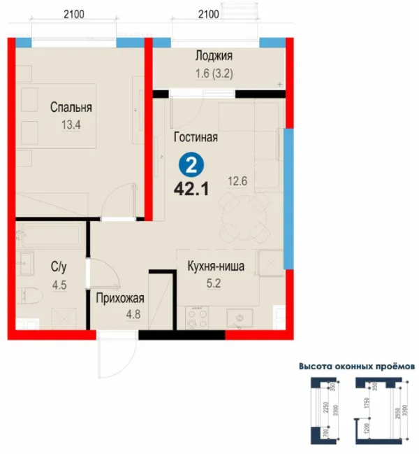 2-xonali 42.1 m²