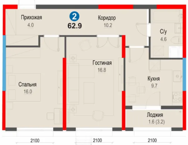 2-xonali 62.9 m²