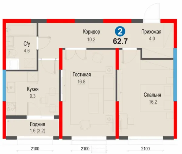 2-xonali 62.6 m²