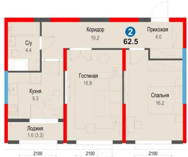 2-xonali 62.4 m²
