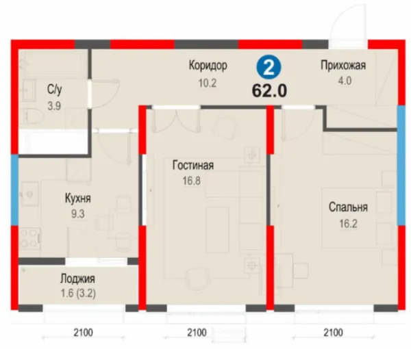 2-xonali 61.9 m²