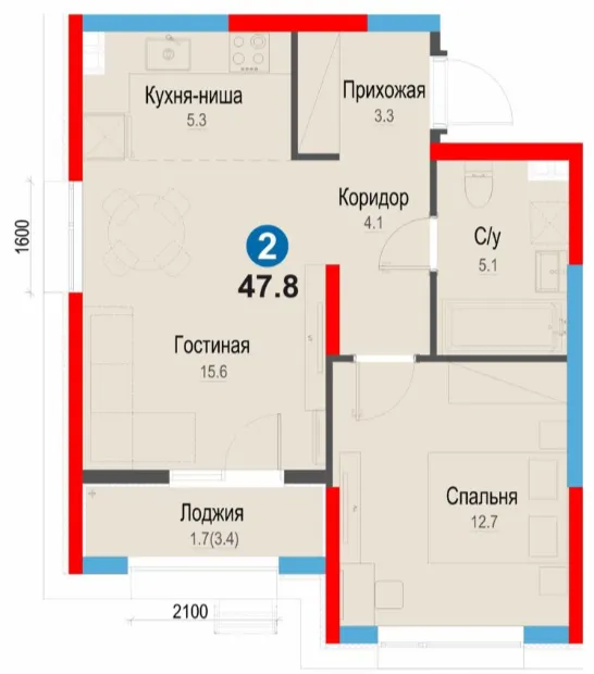 2-xonali 47.8 m²