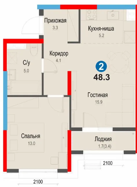 2-xonali 48.2 m²