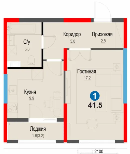 1-xonali 41.6 m²