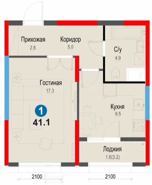 1-xonali 41.1 m²