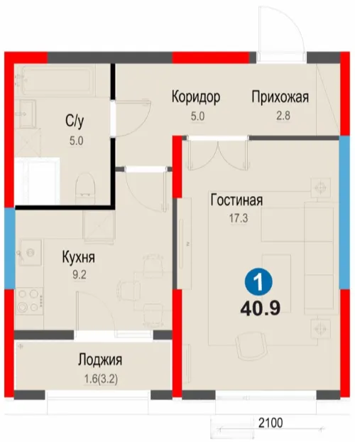 1-xonali 40.9 m²