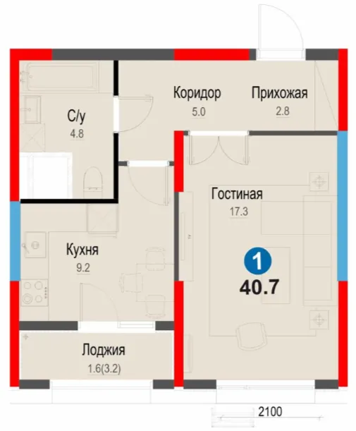 1-xonali 40.7 m²