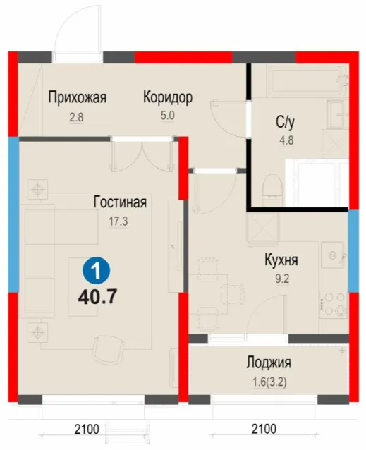 1-xonali 40.7 m²