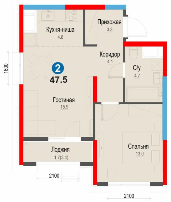 2-xonali 47.5 m²