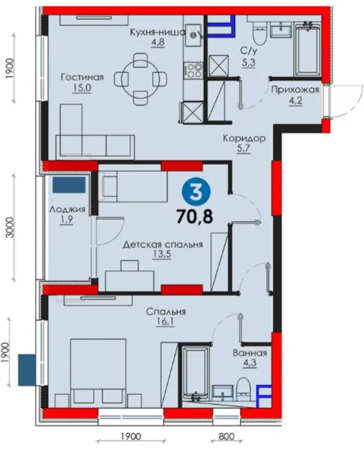 3-xonali 70.8 m²