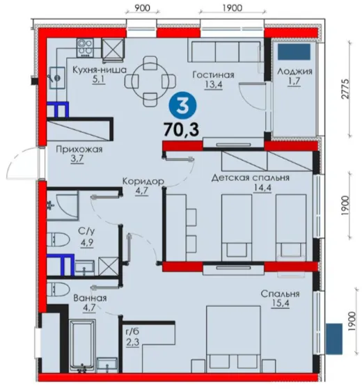 3-xonali 70.25 m²