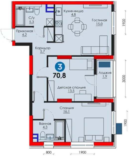 3-xonali 70.8 m²