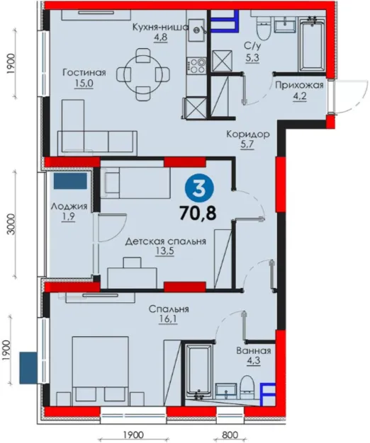 3-xonali 70.8 m²