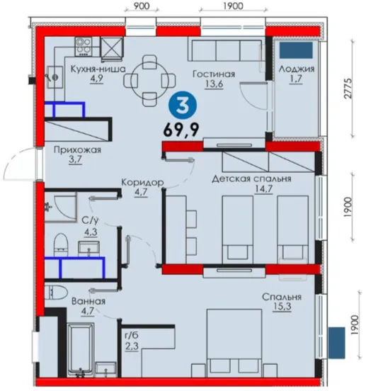 3-xonali 69.95 m²