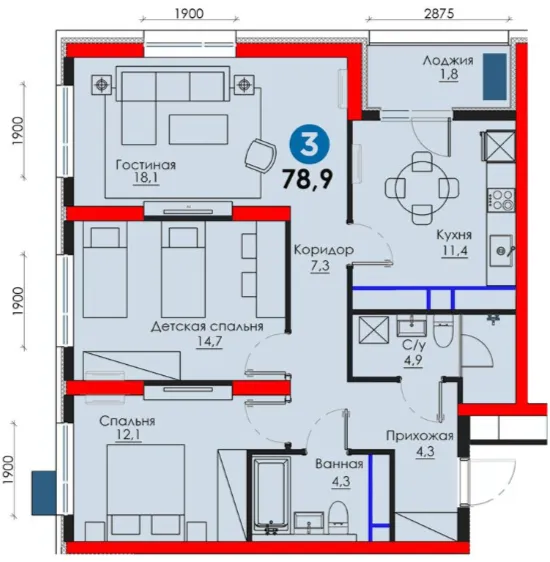 3-xonali 78.9 m²