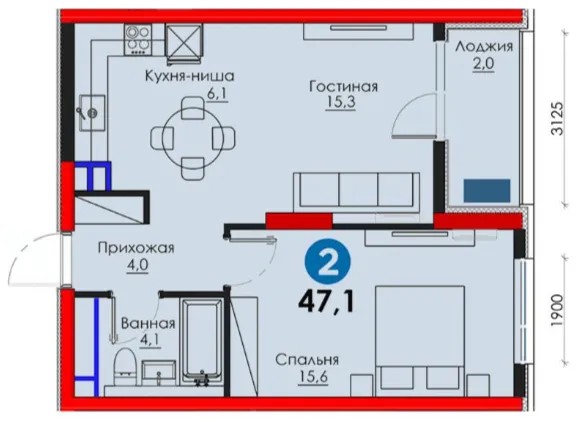 2-xonali 47.05 m²