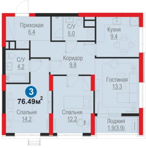 3-xonali 76.49 m²