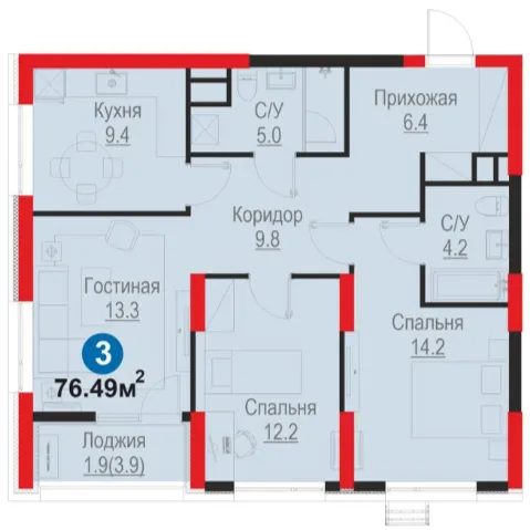 3-xonali 76.49 m²