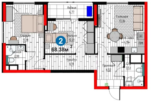 3-xonali 68.38 m²