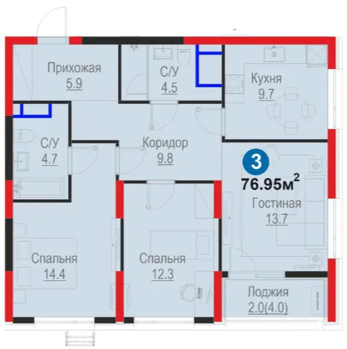 3-xonali 76.95 m²