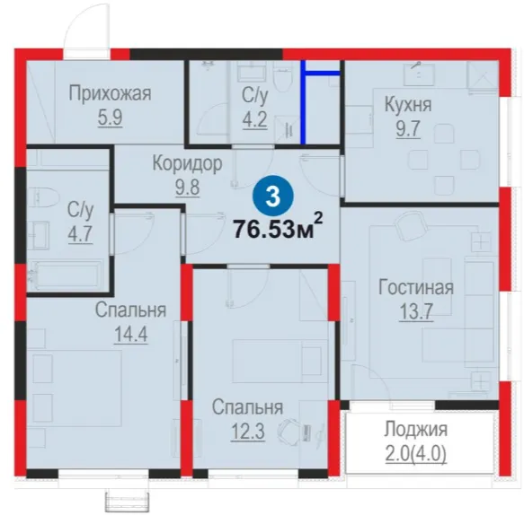 3-xonali 76.53 m²