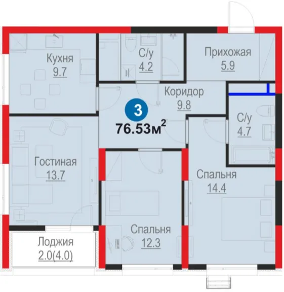 3-xonali 76.53 m²