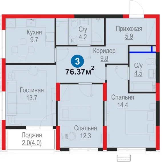 3-xonali 76.37 m²