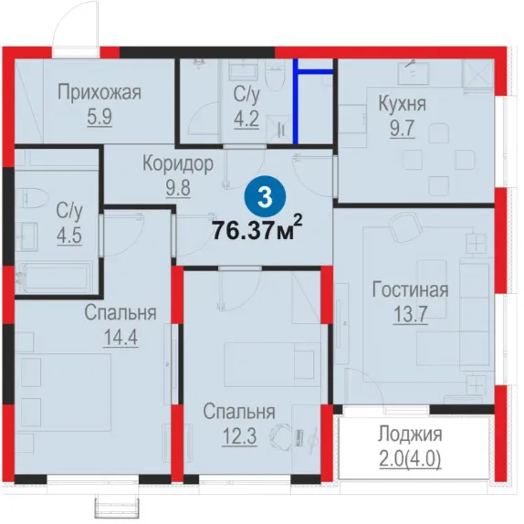 3-xonali 76.37 m²