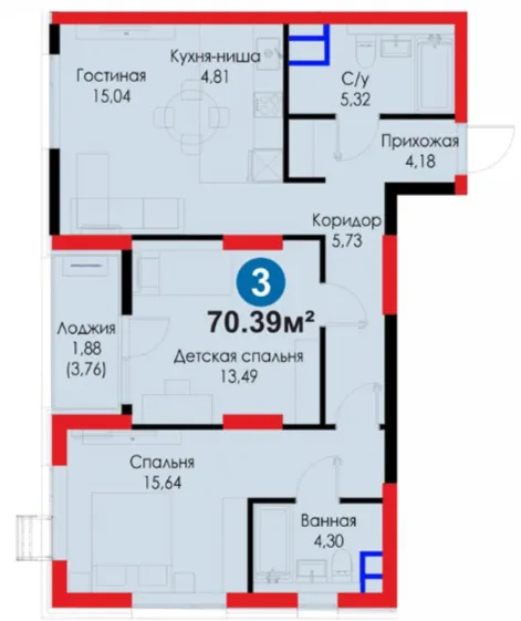 3-xonali 70.39 m²