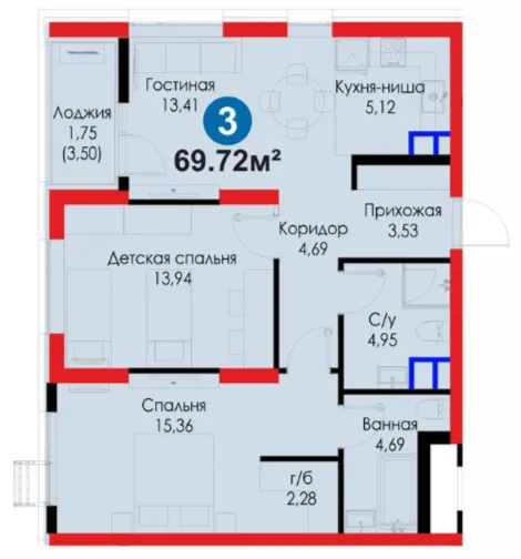 3-xonali 69.72 m²