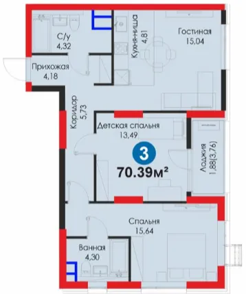 3-xonali 70.39 m²