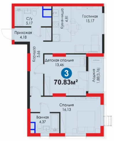 3-xonali 70.83 m²