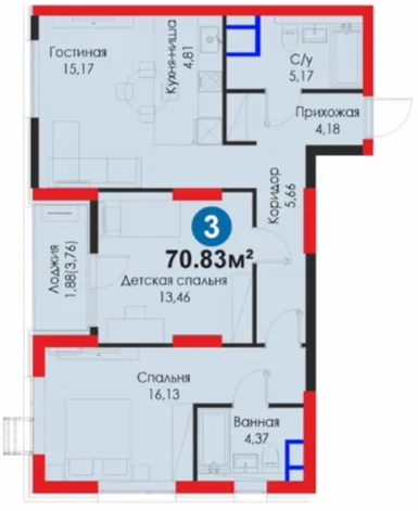 3-xonali 70.83 m²