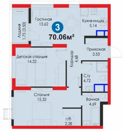 3-xonali 70.06 m²