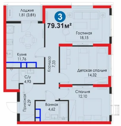 3-xonali 79.31 m²