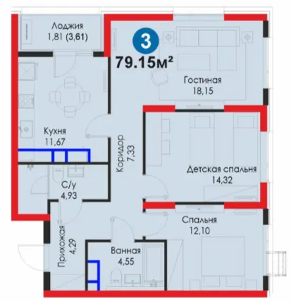 3-xonali 79.15 m²
