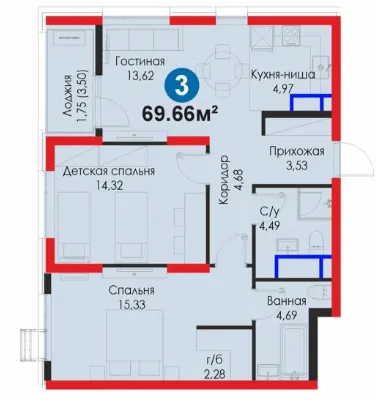 3-xonali 69.66 m²