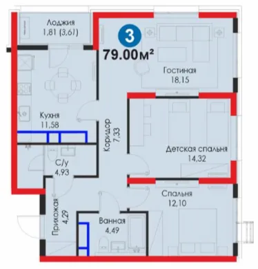 3-xonali 79 m²