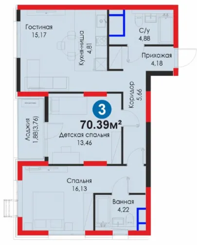 3-xonali 70.39 m²