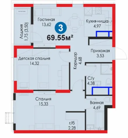 3-xonali 69.55 m²